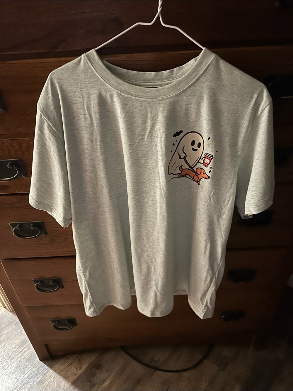 Light Gray Women's Graphic Tee with Ghost & Coffee Pocket Print